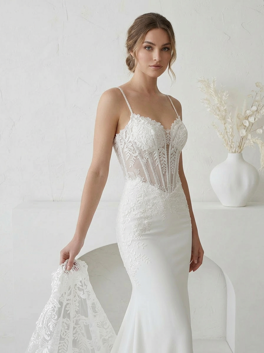 White Spaghetti Straps Corset Mermaid Satin Appliqued Wedding Dress